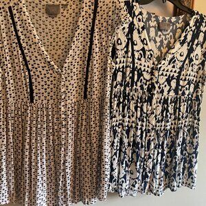 (2) Anthro Vanessa & Virginia Black Cheetah & Navy Aztec Print Blouses - Small